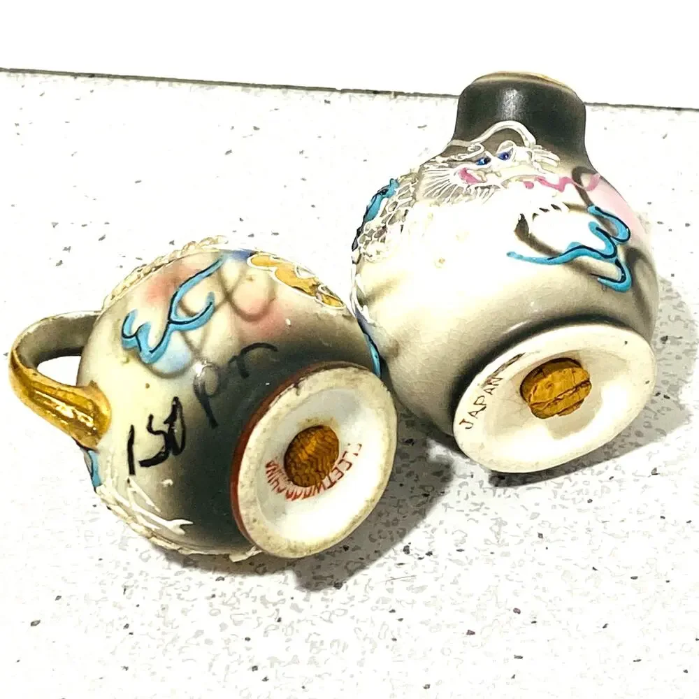 Vintage Dragonware Porcelain Shakers (2) roly-poly shape signed Fleetwood Japan